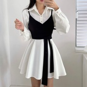 韩国chic秋季系带收腰短款外穿吊带+纯色高腰，a字衬衫连衣裙两件套