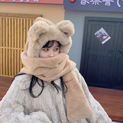 小熊帽子韩版可爱女百搭秋冬季冬天围巾一体，保暖手套围脖三件套潮