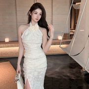 FairyJiang夏季蕾丝挂脖白色背心套装女长款开叉高腰半身裙两件套