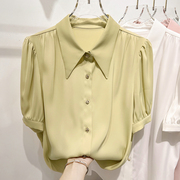 2023韩版修身显瘦翻领单排扣纯色短袖雪纺衬衫女夏季薄款上衣