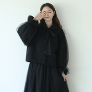 suin2023秋冬韩版森女甜美可爱黑色喇叭，袖短款毛呢大衣外套女