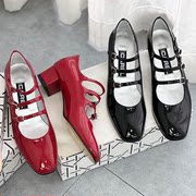 法式carel红色玛丽珍鞋女粗跟高跟鞋复古小皮鞋红色婚鞋中跟单鞋