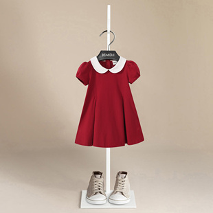 伯米吉女童红色短袖连衣裙，宝宝儿童装白色娃娃领周岁裙礼服裙子棉