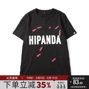 hipanda你好熊猫设计潮牌女款休闲黑色，英文印花圆领，上衣短袖t恤