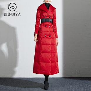 中国红西装领羽绒服女冬中长款白鸭绒2023年高端翻领收腰外套