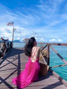 马尔代夫海边旅行度假沙滩裙超仙气质玫红色大露背长款吊带连衣裙
