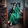 中国风亚麻长款连衣裙手工绣花宽松大码短袖绿色民族风蝙蝠袖长袍