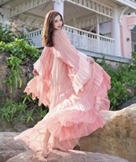 2024波西米亚风小众连衣裙沙滩裙，女超仙名媛气质天丝拼接粉色长裙