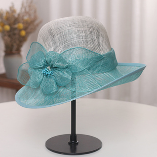 帽子女夏季防紫外线草帽，名媛麻纱礼帽，英伦复古优雅花朵大檐遮阳帽
