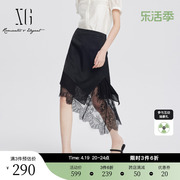 xg雪歌黑色通勤不规则，半身裙2024夏季创意，蕾丝拼接中长裙女装