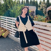 Cherrykoko2024夏季韩版短袖连衣裙女波点马甲拼接假两件宽松短裙