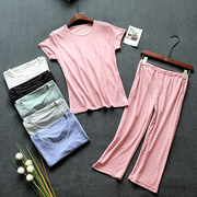 春夏季日系棉麻质感条纹，睡衣女短袖，七分裤宽松瑜伽运动家居服套装