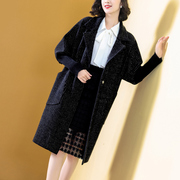 黑色大衣女冬外套加厚中长款2023年条纹，显瘦气质复古韩版风衣