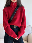 美式复古半拉链短款甜酷风蝙蝠袖红色高领针织衫毛衣女ss372