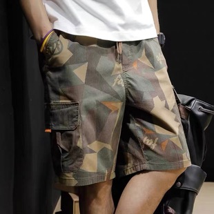 日系夏季复古潮牌街头短裤，男余文乐工装口袋，军事风迷彩纯棉五分裤