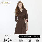 scofield女优雅气质设计感裙装，修身v领七分袖连衣裙秋季