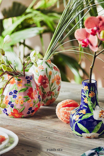 出口美国手捏手绘釉下彩陶瓷花朵繁华花瓶美式家居手插花花器摆件