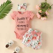 欧美夏季儿童蕾丝套装0-1岁女婴短袖字母坑条上衣花朵蝴蝶结短裤
