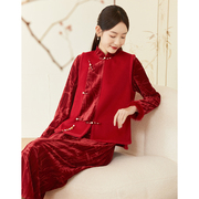 山有色秋冬款唐装女中国风新中式马甲茶服复古背心上衣红色拜年服