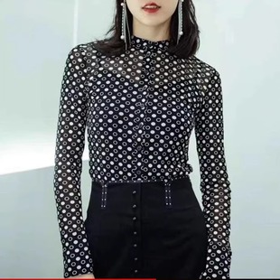 白领哥弟新2025春夏新款长袖衬衣女波点修身印花网纱打底长袖衬衫