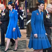 高端定制凯特王妃同款长袖修身蓝色，羊毛立领大衣，外套裙秋冬长端庄