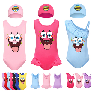 夏季海绵宝宝spongebobsquarepants派大星女童，卡通泳衣泳帽套装