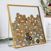 正方形硬币收藏相框干花植物透明玻璃画框金属，边框书房摆件挂件