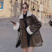 pu皮衣外套女中长款冬季2023韩版宽松设计感加绒加厚派克棉服