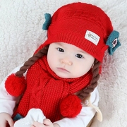 女宝宝假发帽带辫子毛线帽秋冬可爱公主1-2岁0婴儿帽子围巾两件套