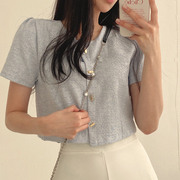 韩国chic夏季法式简约圆领百搭单排扣宽松泡泡袖，粗花呢短款外套女