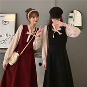 早春秋姐妹闺蜜装桔梗森系法式假两件长袖韩版蝴蝶结连衣裙