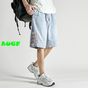 augf夏季ins高街国潮刺绣，牛仔短裤男个性，时尚宽松百搭五分裤