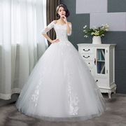 婚纱2023夏韩版一字，肩新娘结婚齐地白色，蕾丝大码修身显瘦