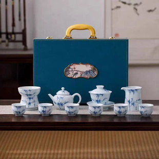 景德镇白瓷功夫茶具套装家用中式高档陶瓷手绘青花瓷盖碗茶杯礼盒