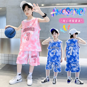 男童帅气休闲运动篮球服套装夏季中大童儿童无袖背心扎染二件套潮