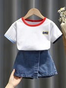 女童夏装短袖套装，韩版儿童时髦一套衣服洋气，女宝宝牛仔裙裤两件套