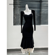 黑色拼接针织长袖连衣裙女冬季2023高级感修身显瘦包臀鱼尾裙