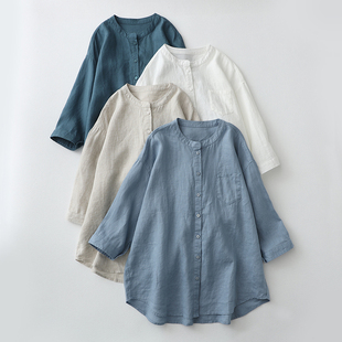 大码宽松日系棉麻衬衫，女夏季2024纯色，百搭休闲圆领七分袖衬衣