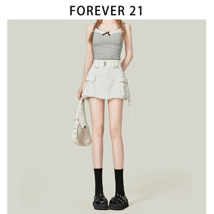 forever21小众设计感双排扣白色，牛仔短裙女a字浅色小个子工装裙
