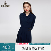 Eland衣恋连衣裙女职业通勤西装领腰部压褶藏青色裙子夏季