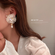 925银针欧根纱白色花朵耳环版镶钻珍珠耳坠甜美超仙森系耳饰