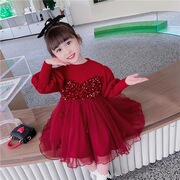 女童连衣裙春秋装儿童红色长袖礼裙薄款洋气女宝宝公主网纱裙