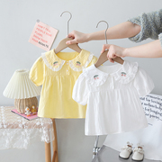 童装夏季女童蕾丝翻领短袖衬衫，婴儿纯棉上衣儿童，衬衣女宝宝娃娃衫