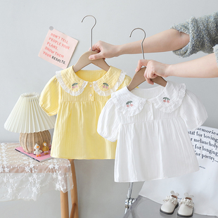 童装夏季女童蕾丝翻领短袖衬衫婴儿，纯棉上衣儿童，衬衣女宝宝娃娃衫