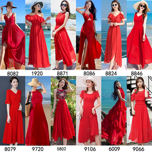 大红色连衣裙女夏气质显瘦雪纺长裙，波西米亚海边度假超仙沙滩裙子