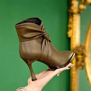 法式优雅时装靴女2023年秋冬褶皱时尚高跟瘦瘦靴细跟尖头短靴