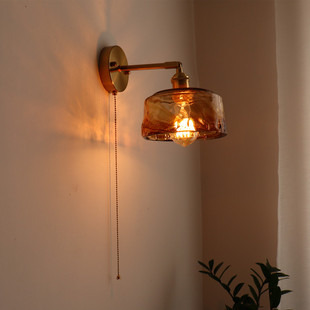 日式复古黄铜玻璃壁灯卧室床头灯卫生间衣帽间背景墙拉线开关灯具