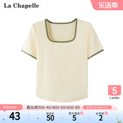 拉夏贝尔/La Chapelle夏季小个子甜美显瘦方领拼接正肩短袖上衣女