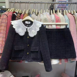 娃娃领羽绒小香风套装女OLX冬季韩系风减龄加厚羊毛呢A字裙两件套