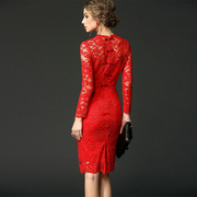 欧美大牌外贸名媛女装，气质优雅蕾丝红色，复古连衣裙包臀收腰裙